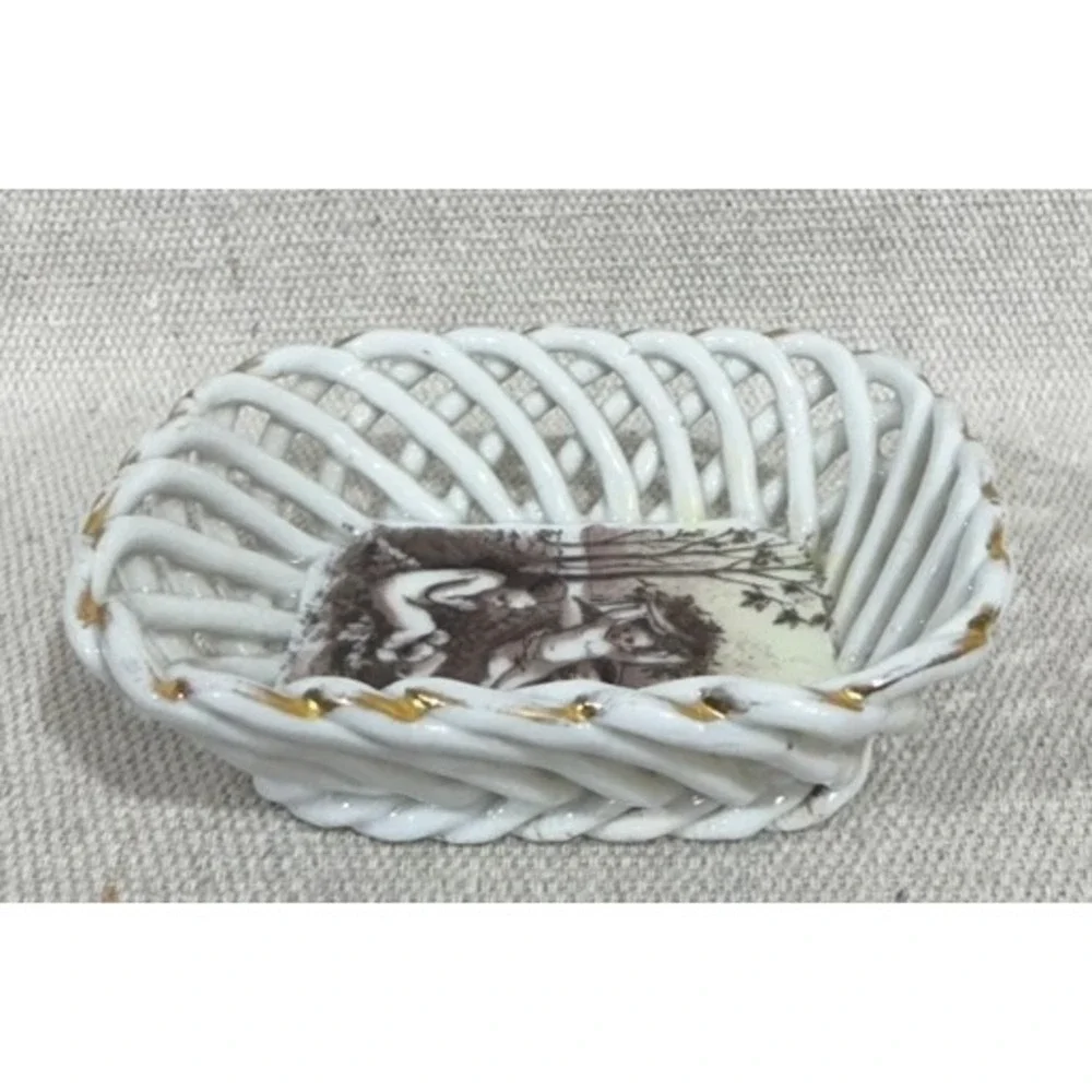 Antique Late 1800s Porcelain Reticulated Trinket Basket Cherub Putti Gilt Edge